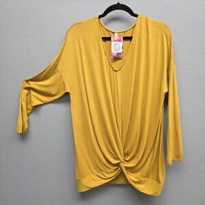 Emerald Shirt Womens 1X Yellow Twist Front Knot Hem Long Sleeve Tunic Top
